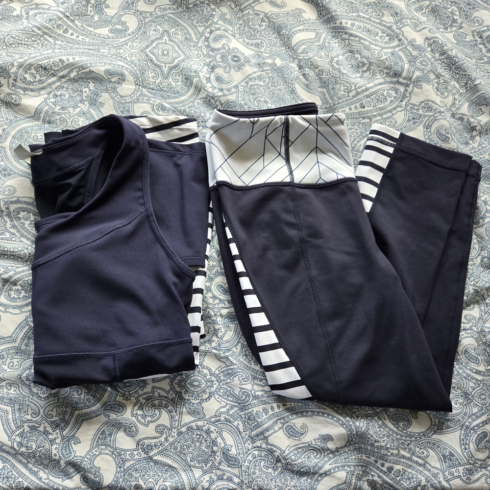 Athleta Matching Workout Set Striped Hyper Tank PR Chaturanga Capri Leggings
